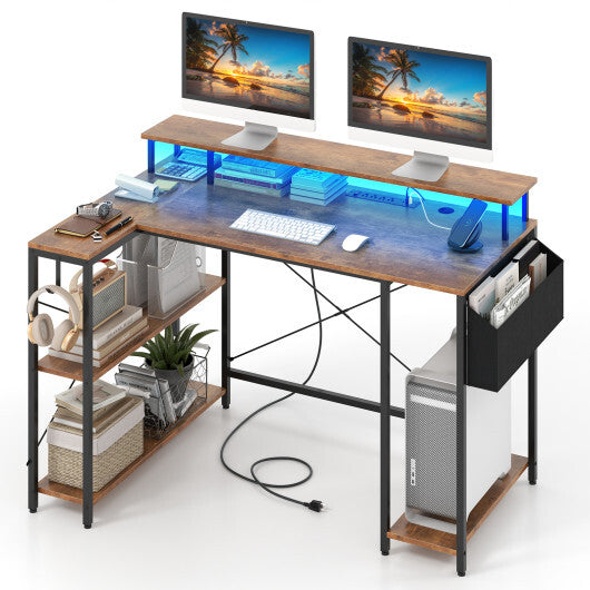 L-Shaped Gaming Desk with LED Lights and Power Outlets-Rustic Brown