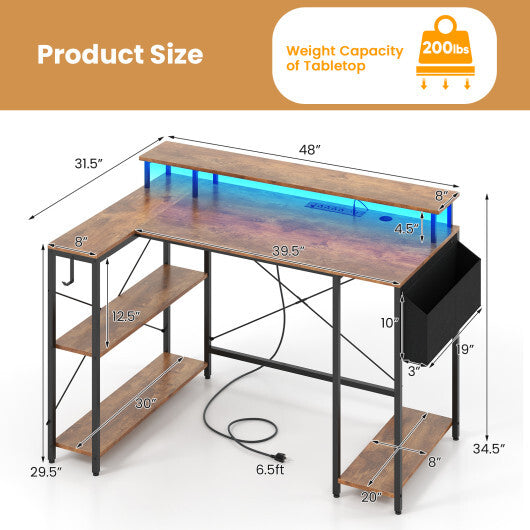 L-Shaped Gaming Desk with LED Lights and Power Outlets-Rustic Brown